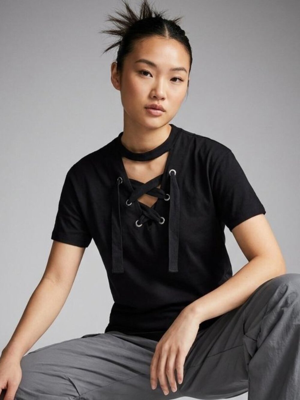 Topshop Black Lace-Up Choker Neck Cutout Tee